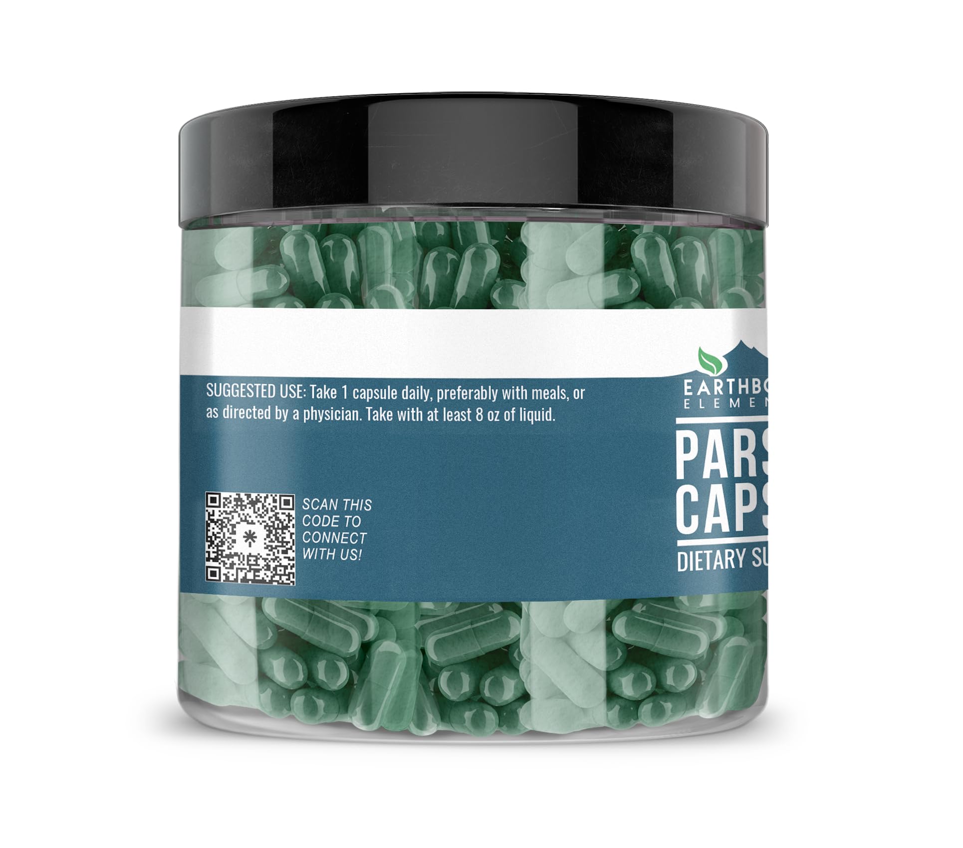 Parsley capsules in a bottle with Earthborn Elements label