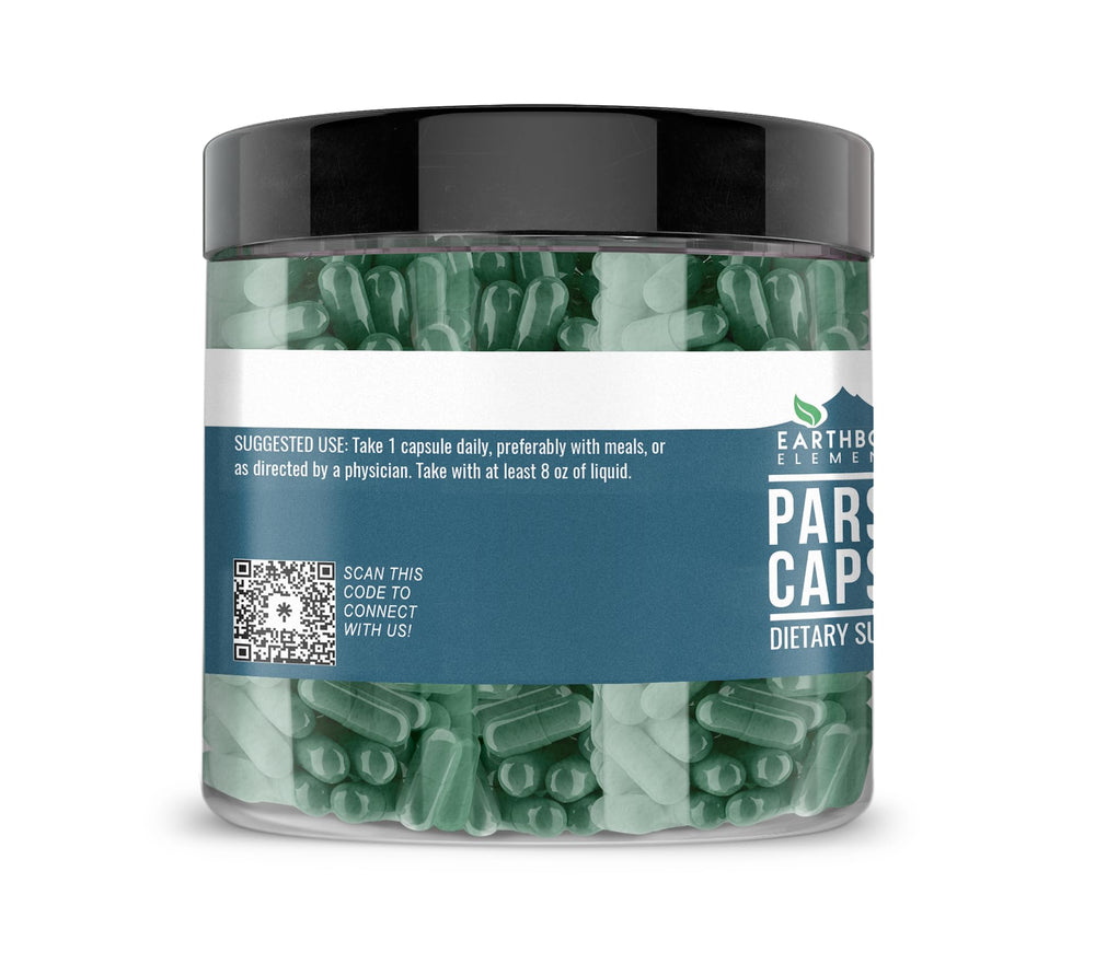 Parsley capsules in a bottle with Earthborn Elements label
