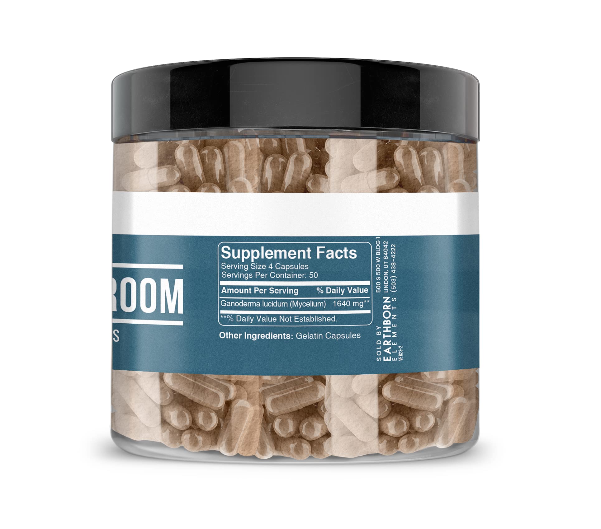 Reishi Mushroom capsules bottle close-up