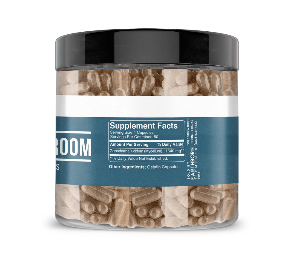Reishi Mushroom capsules bottle close-up