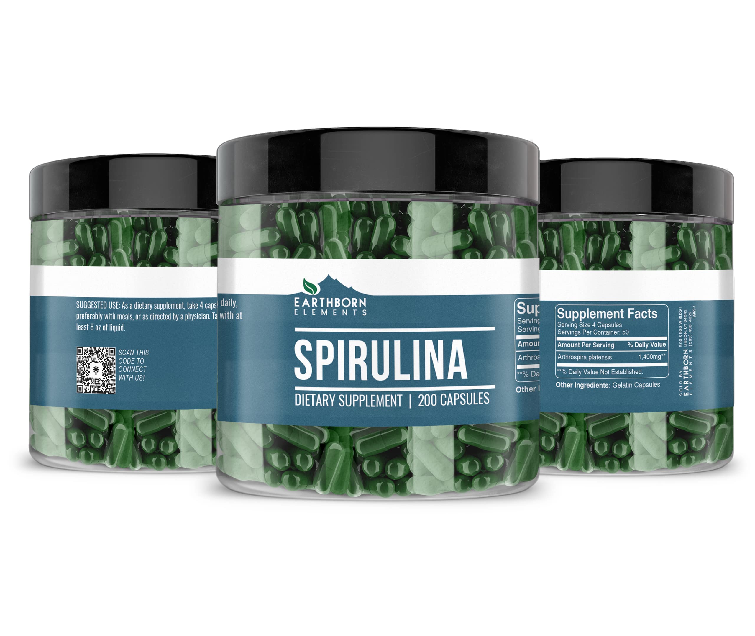 Close-up of Earthborn Elements Spirulina capsules