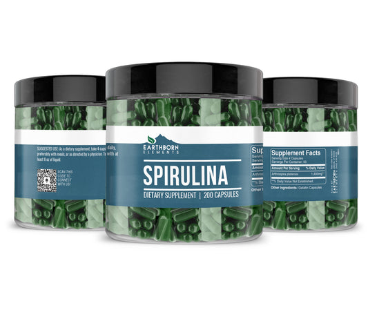 Close-up of Earthborn Elements Spirulina capsules