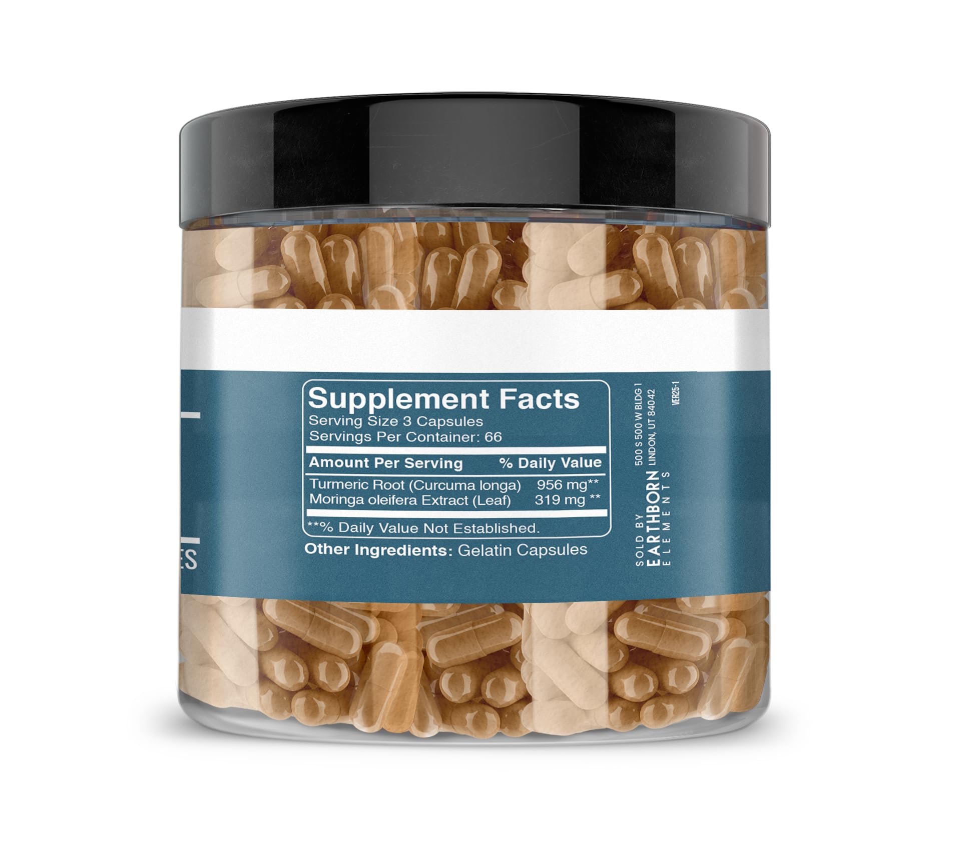 Earthborn Elements Turmeric & Moringa 200 Capsules - back label with supplement facts