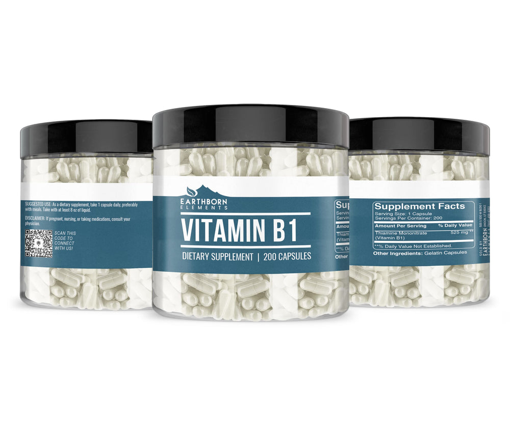 Front label of Earthborn Elements Vitamin B1 bottle
