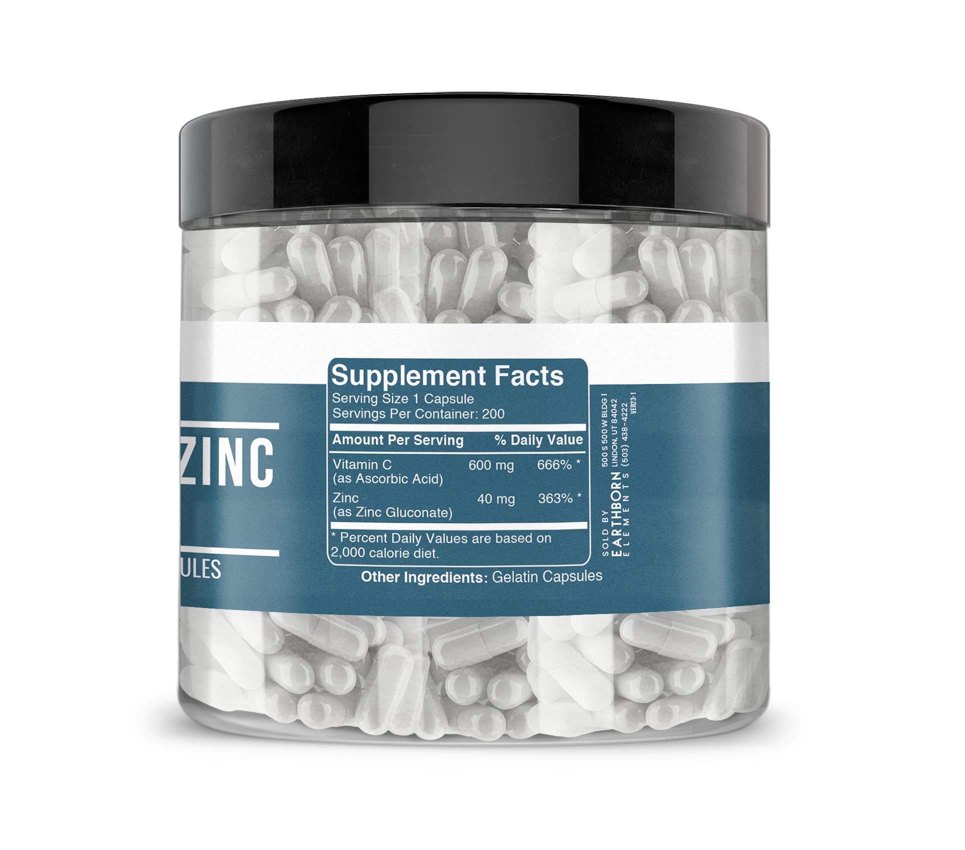Earthborn Elements Vitamin C + Zinc Gluconate capsules close-up on white background
