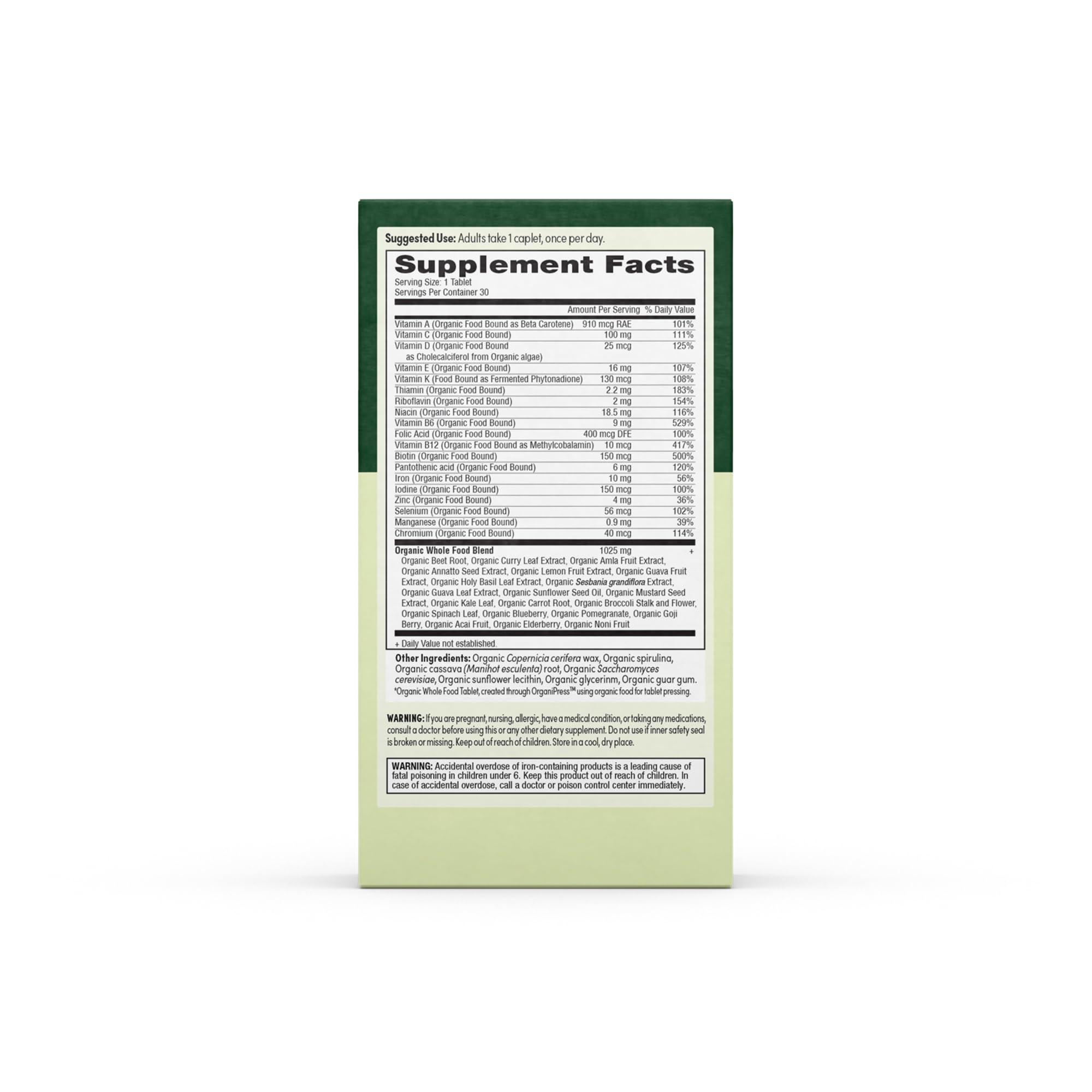Nutritional facts and vitamin list for EarthFirst Organic Women's Multi