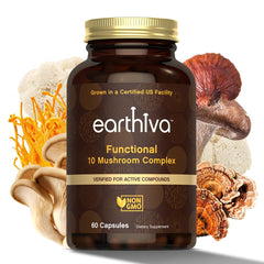 Earthiva Mushroom Complex bottle label featuring 10 mushrooms