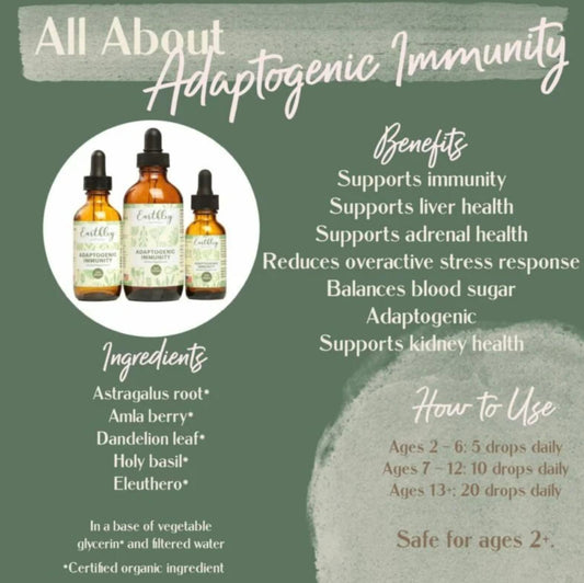 Adaptogenic Immunity label close-up – organic plant ingredients
