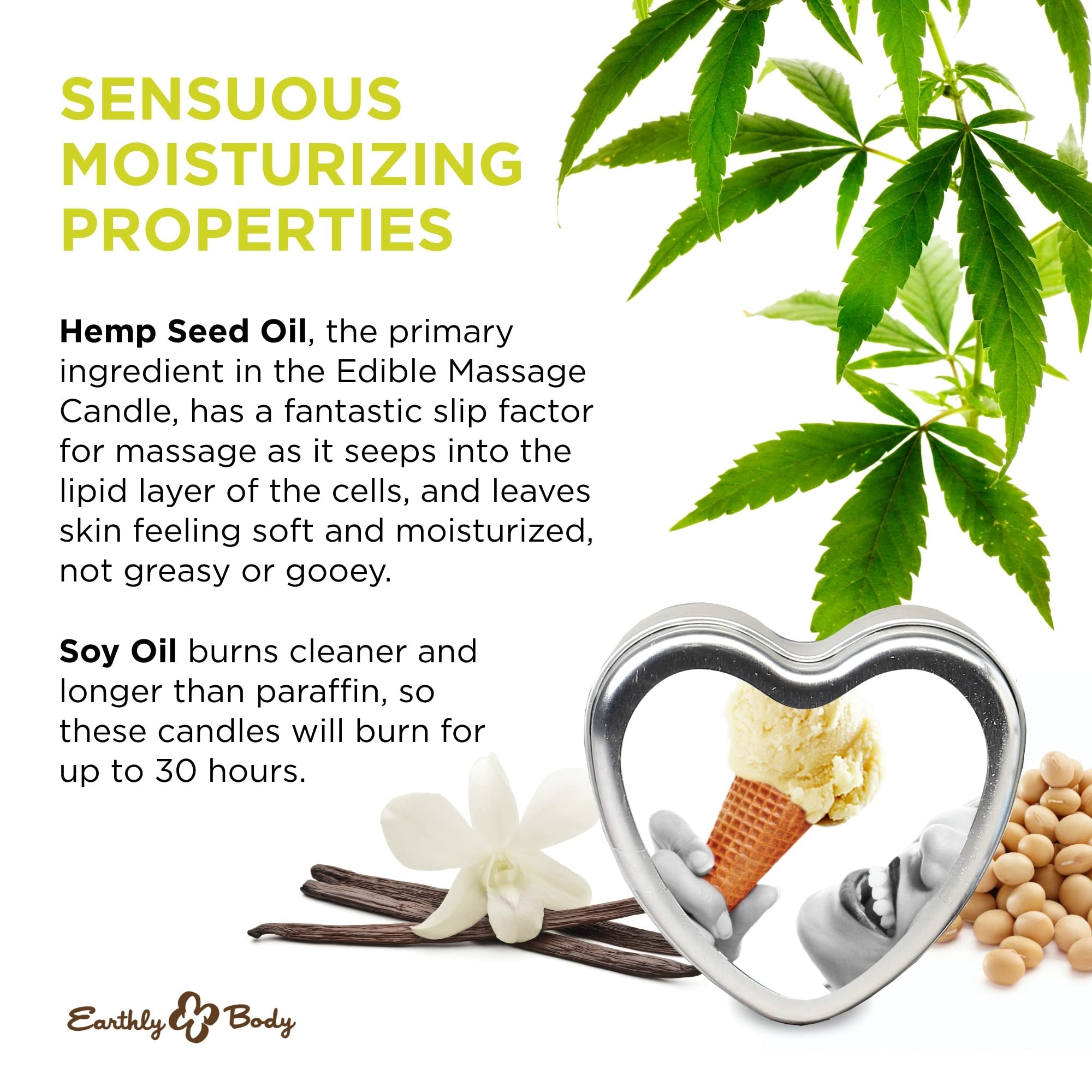 Earthly Body vanilla massage candle ambient light shot illustrates mood-enhancing aroma.