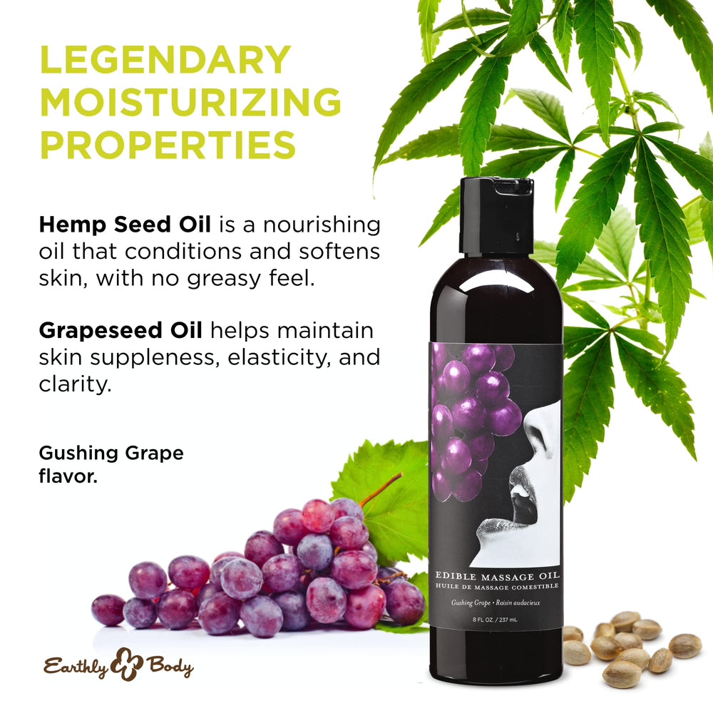 Close-up of Earthly Body Edible Massage Oil Grape bottle