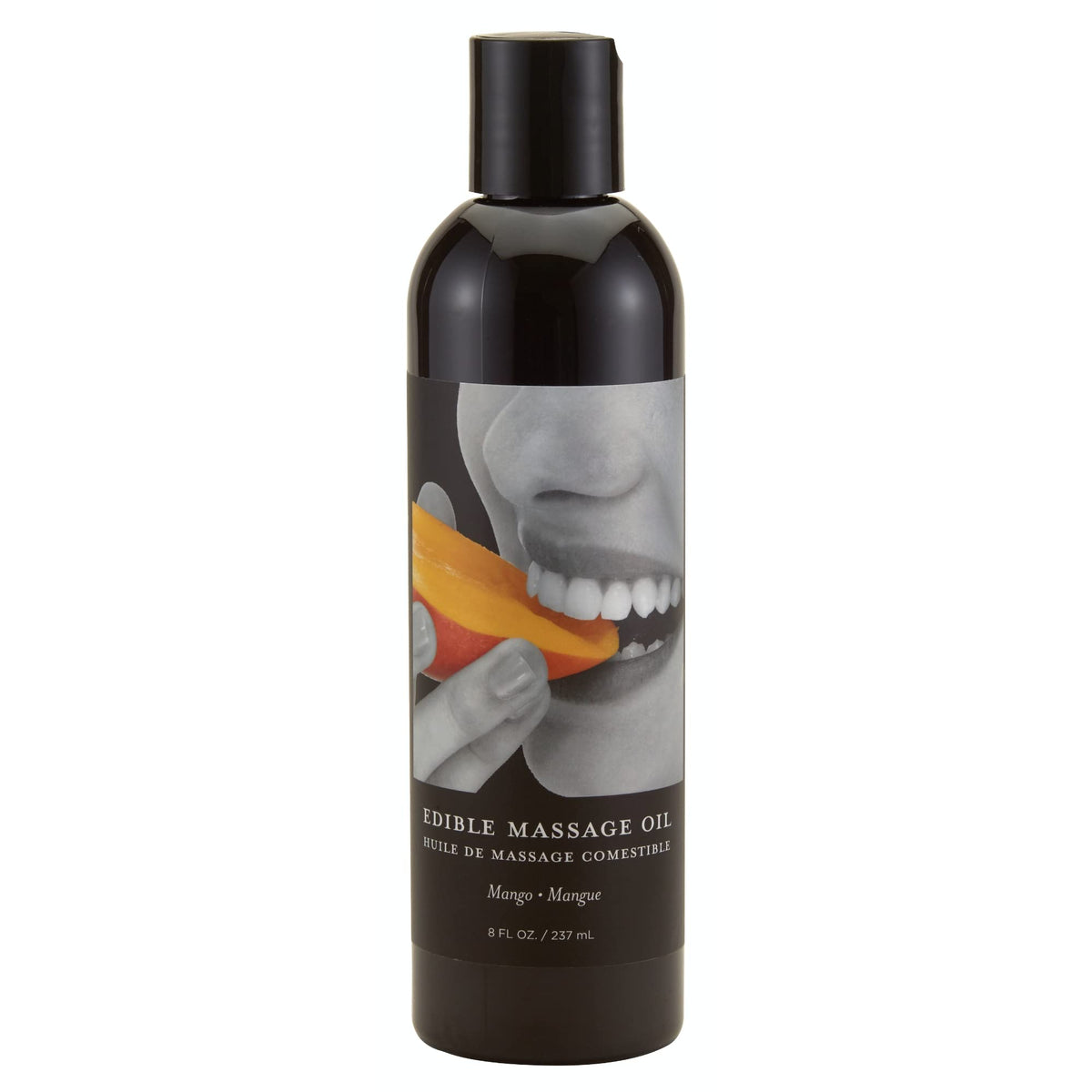 Front view of Earthly Body Edible Massage Oil Mango 8oz bottle
