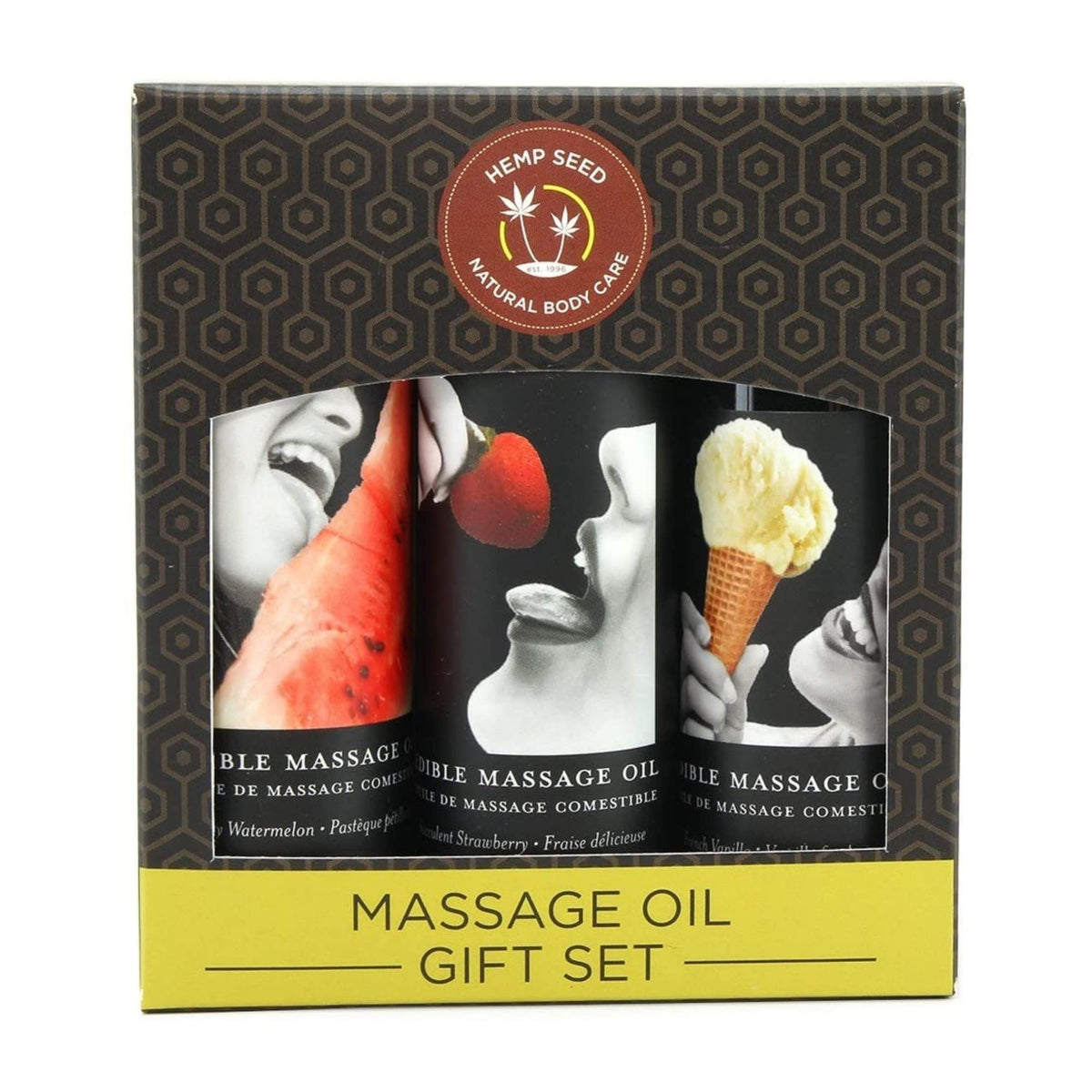 Front view of Earthly Body Edible Massage Oil Gift Set – Watermelon, Vanilla, Strawberry flavors