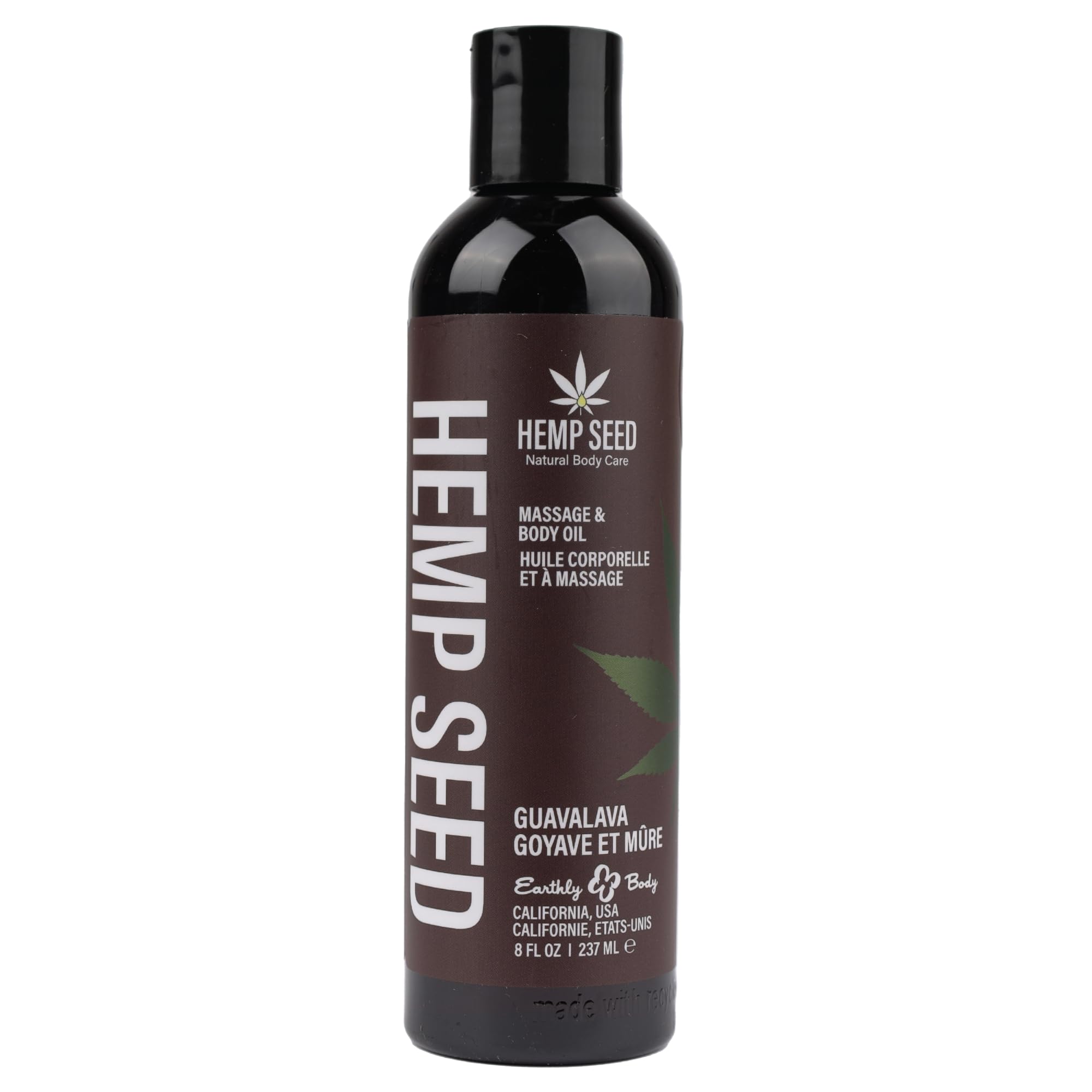 Earthly Body Hemp Seed Massage & Body Oil Guavalava bottle front view, 8 oz