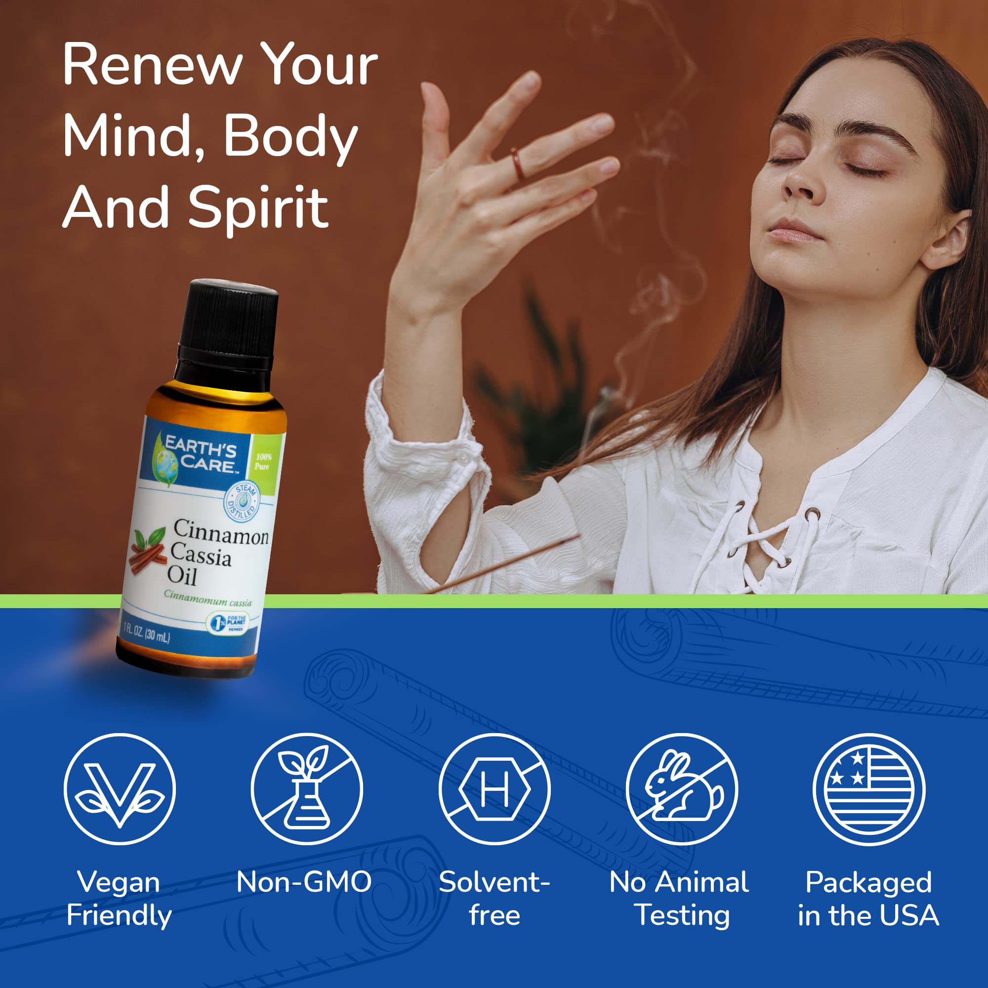 Earth's Care Cinnamon Cassia Oil room-diffused aroma enhances cozy spaces.