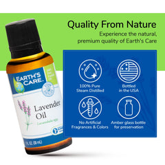 Earth's Care Lavender Oil steam-distillation highlights premium extraction for aroma