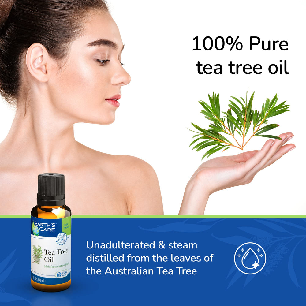 Earth's Care Tea Tree Oil bottle beside a diffuser for aromatherapy.