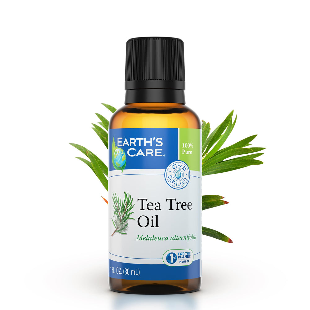 Earth's Care Tea Tree Oil bottle closeup for pure aromatherapy use.