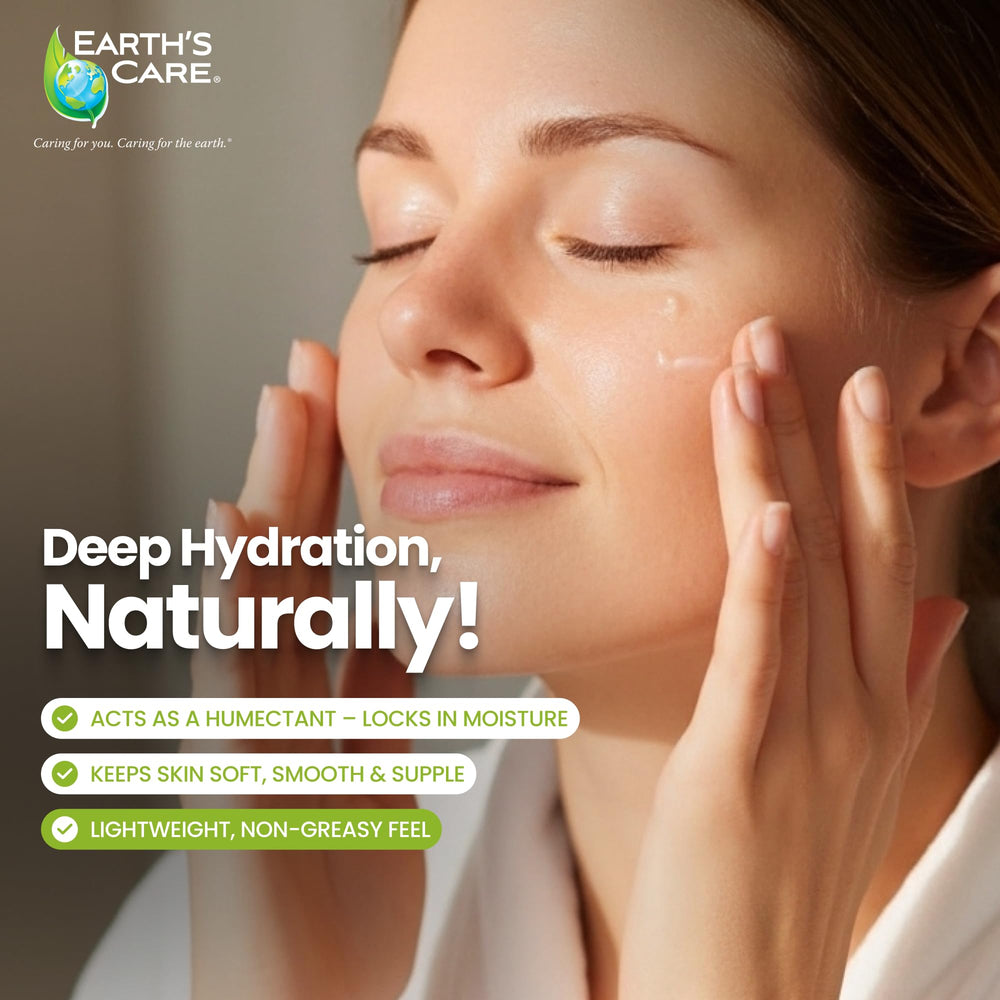 Earth's Care glycerin on skin close-up showing moisture-holding humectant.