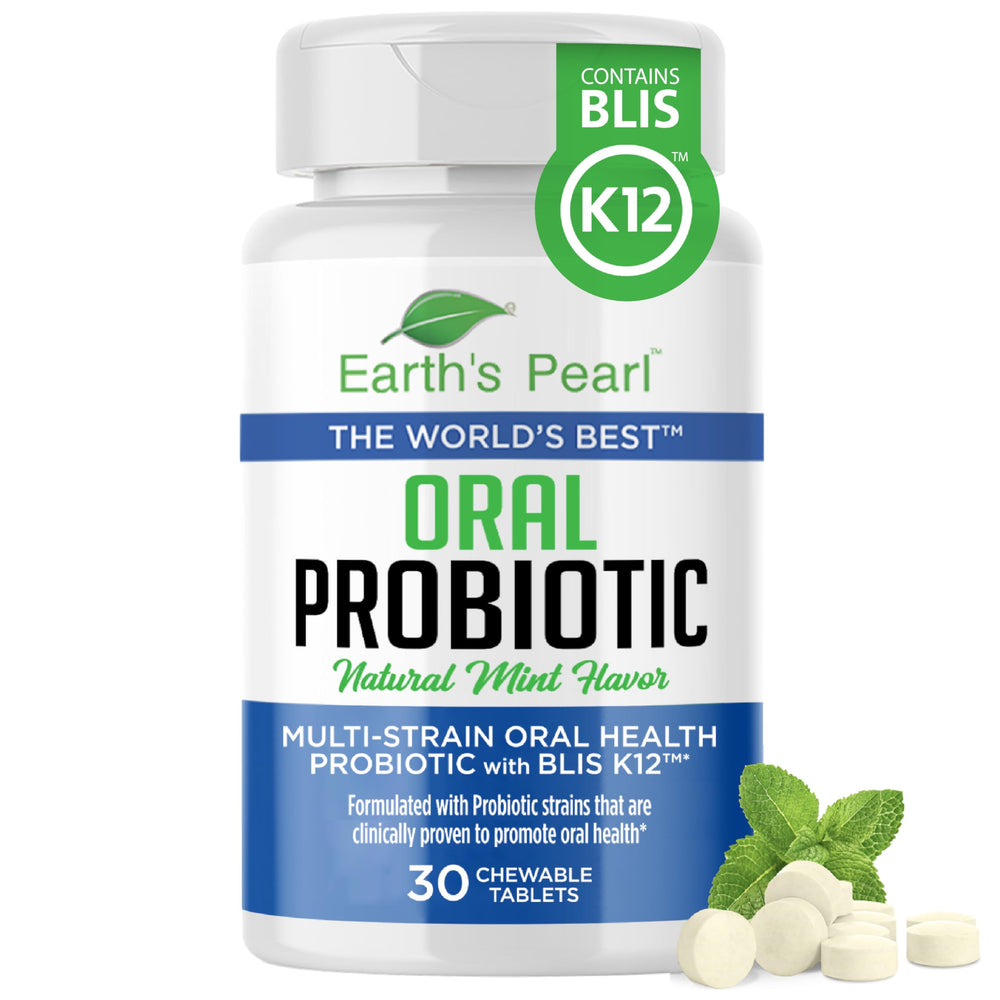 Bottle of Earth's Pearl Dental Probiotic with mint leaves