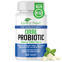 Bottle of Earth's Pearl Dental Probiotic with mint leaves