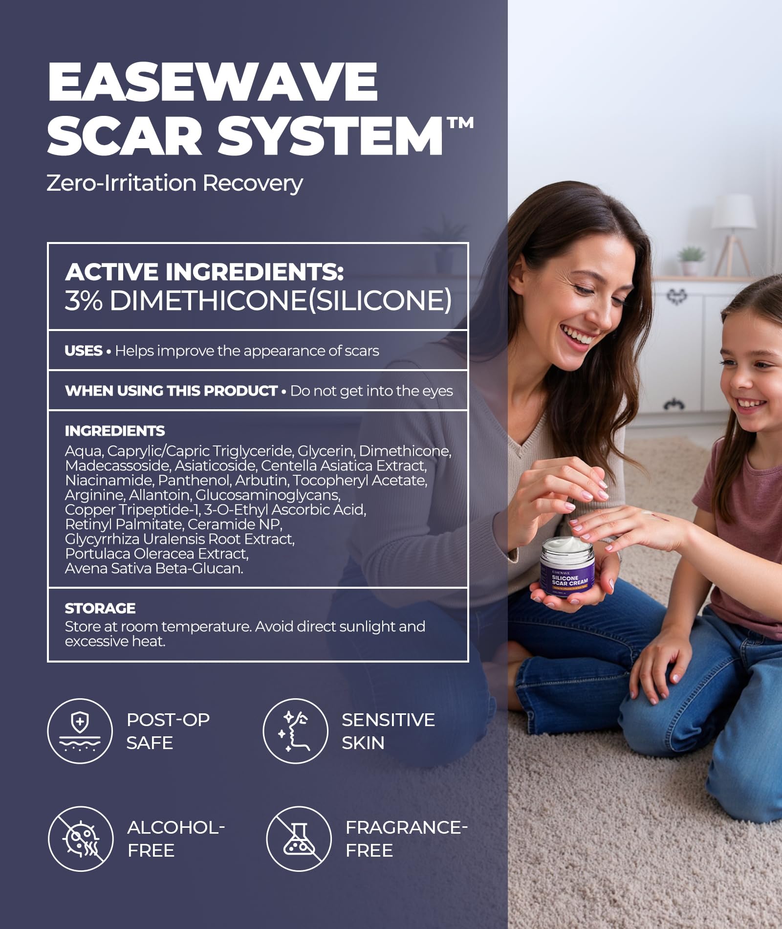 EaseWave silicone scar gel ingredients visual highlight silicone plus soothing botanicals