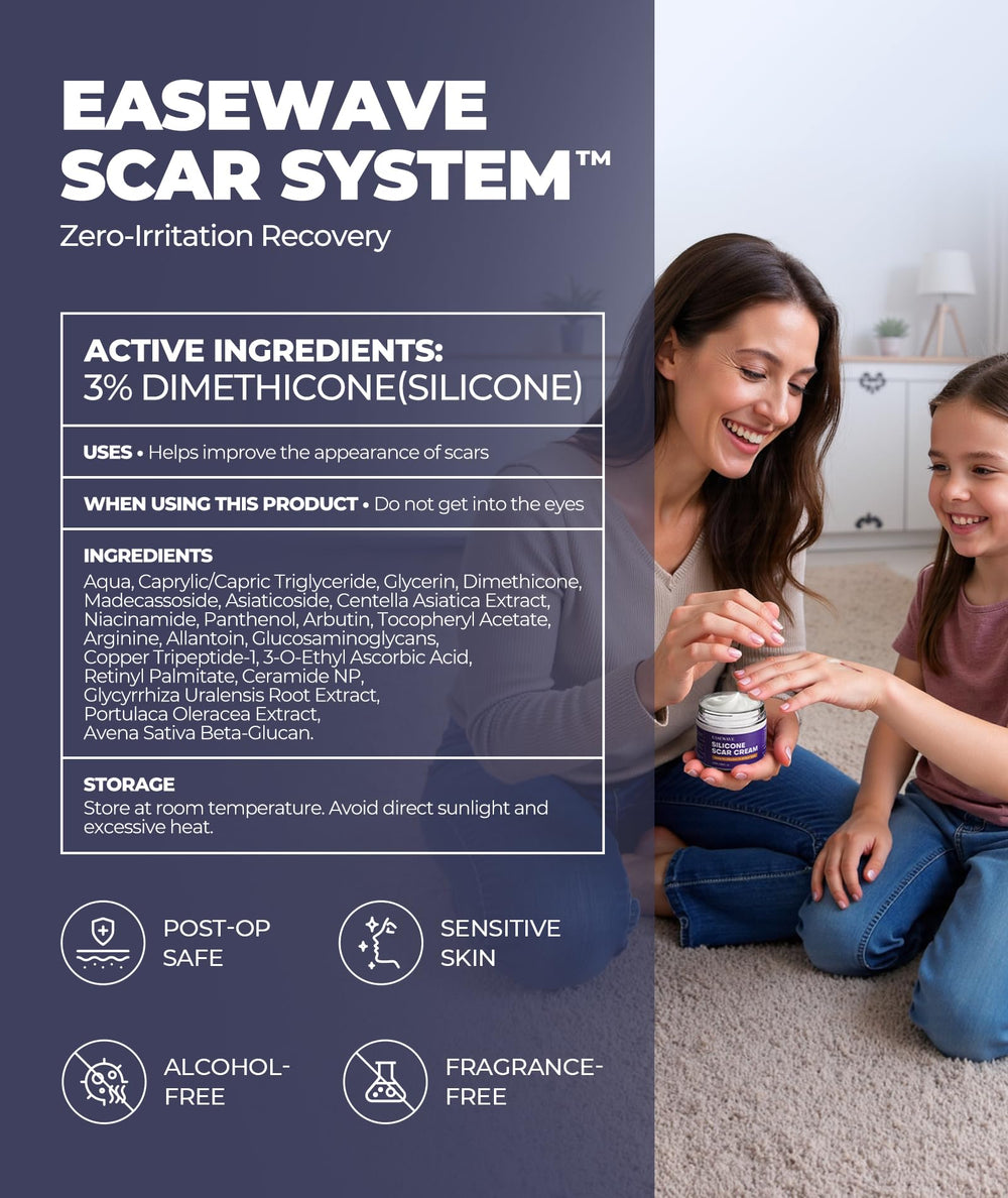 EaseWave silicone scar gel ingredients visual highlight silicone plus soothing botanicals