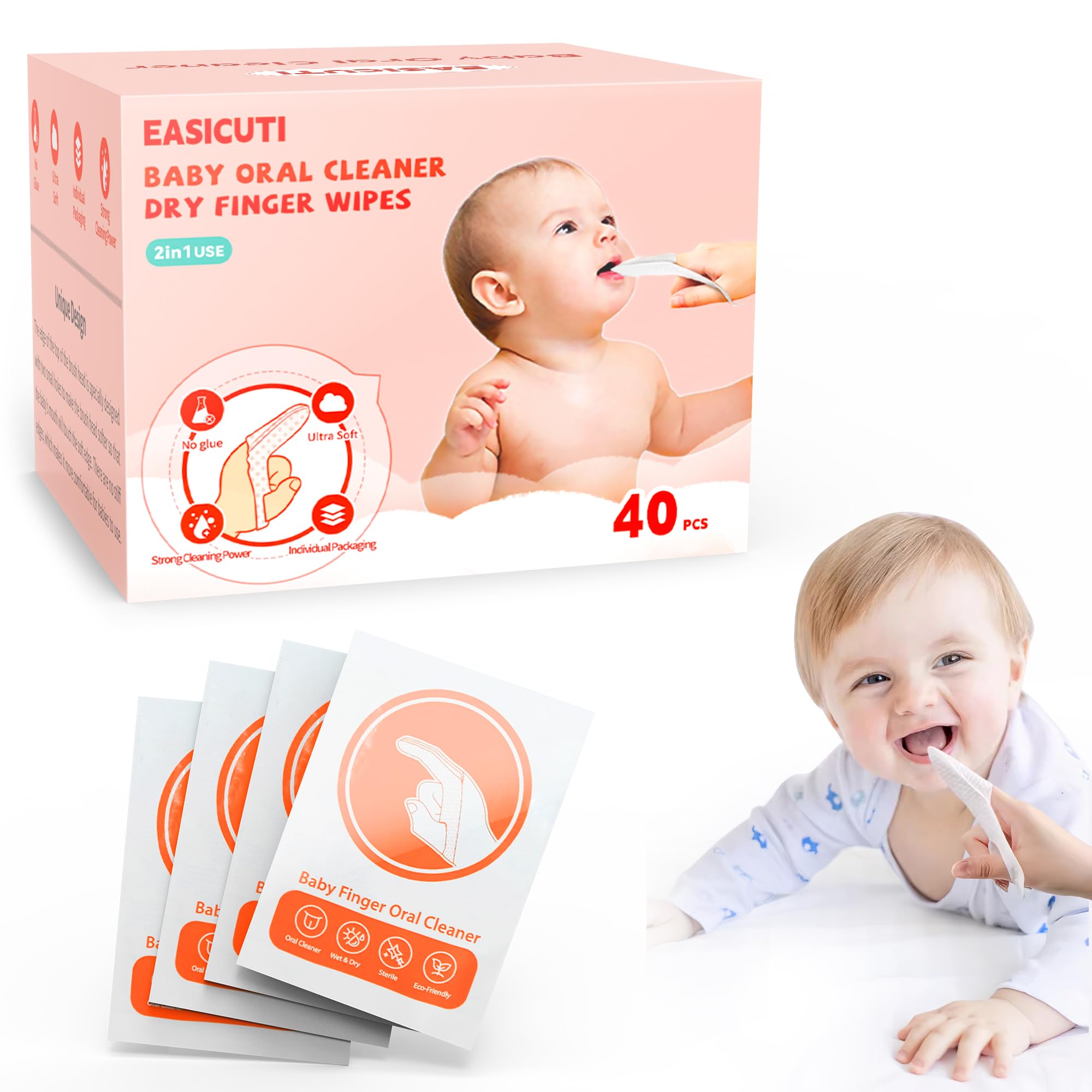 EASICUTI 40Pcs baby finger toothbrush and dry wipes