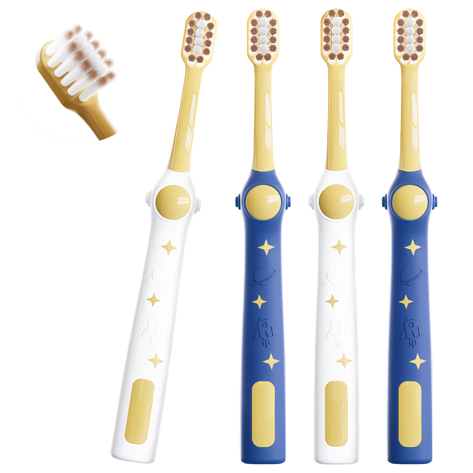 EASICUTI 4-pack extra-soft kids toothbrushes in space-themed blue and white.