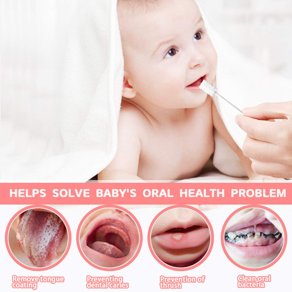 Close-up of gauze tongue cleaner cleaning baby's mouth