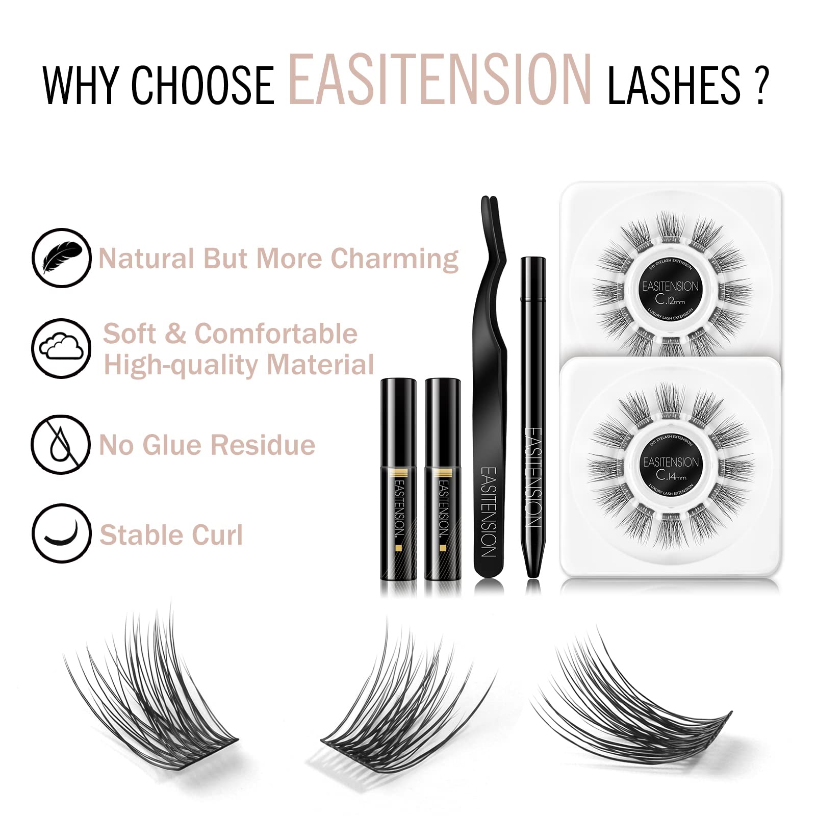 EASITENSION DIY eyelash extension 14mm clusters for fuller, dramatic look.