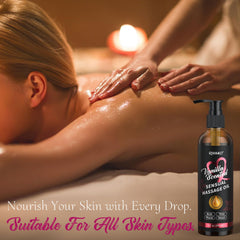 Gift-ready vanilla massage oil bottle with a decorative ribbon