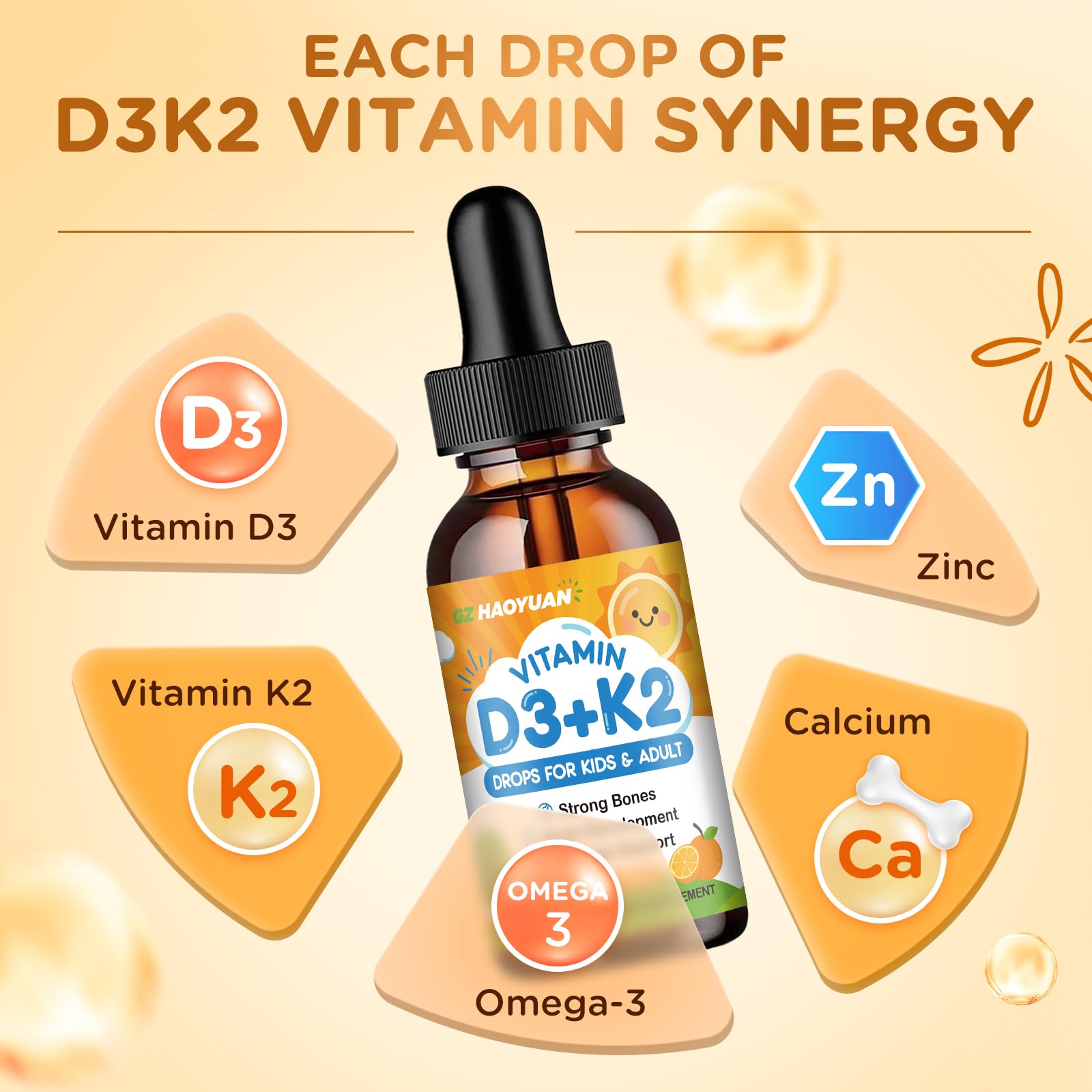 Dropper dispensing D3 K2 drops into yogurt for kids