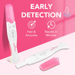Close-up of Easy@Home 5-count pregnancy test sticks with curved handle