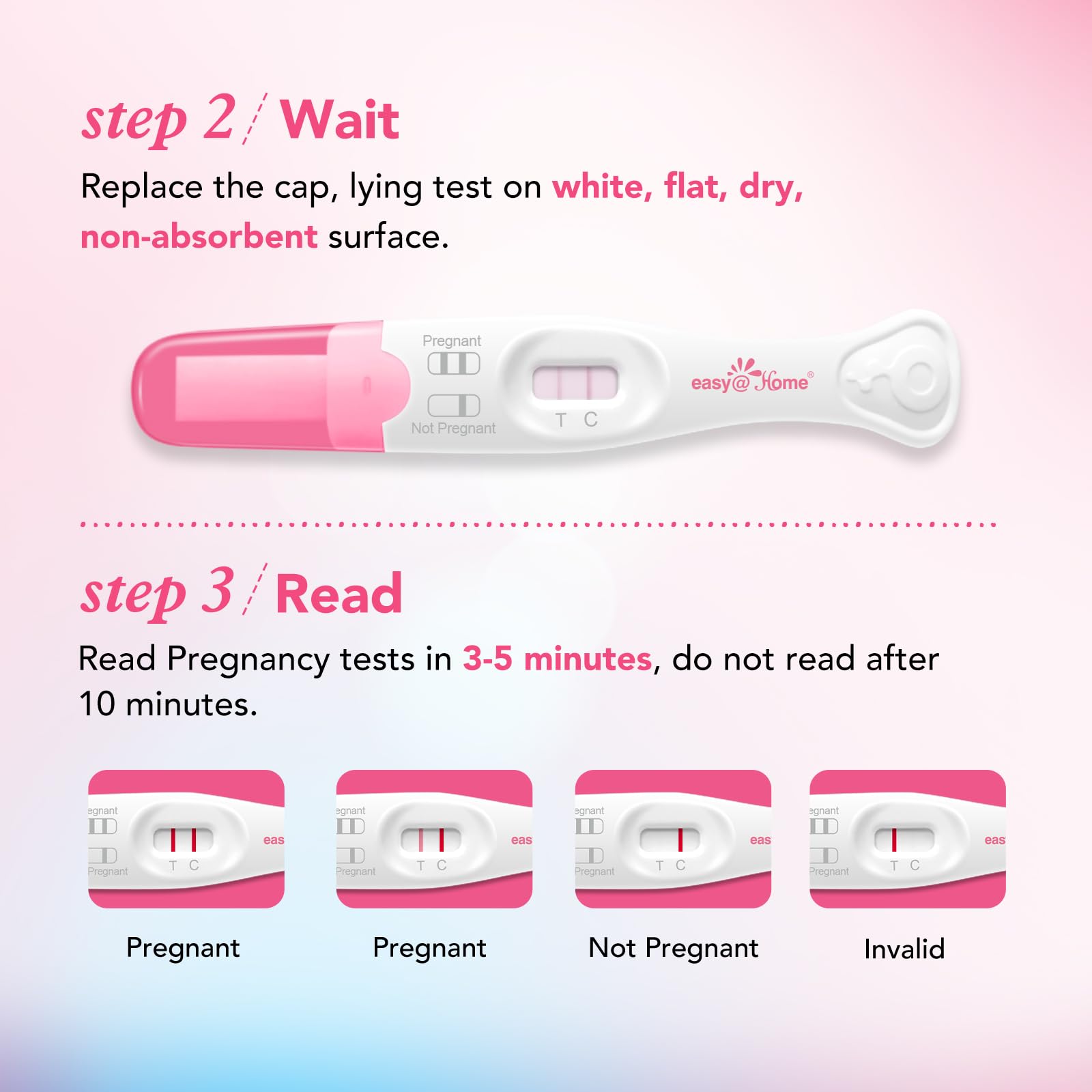 Person holding Easy@Home pregnancy test stick with curved handle