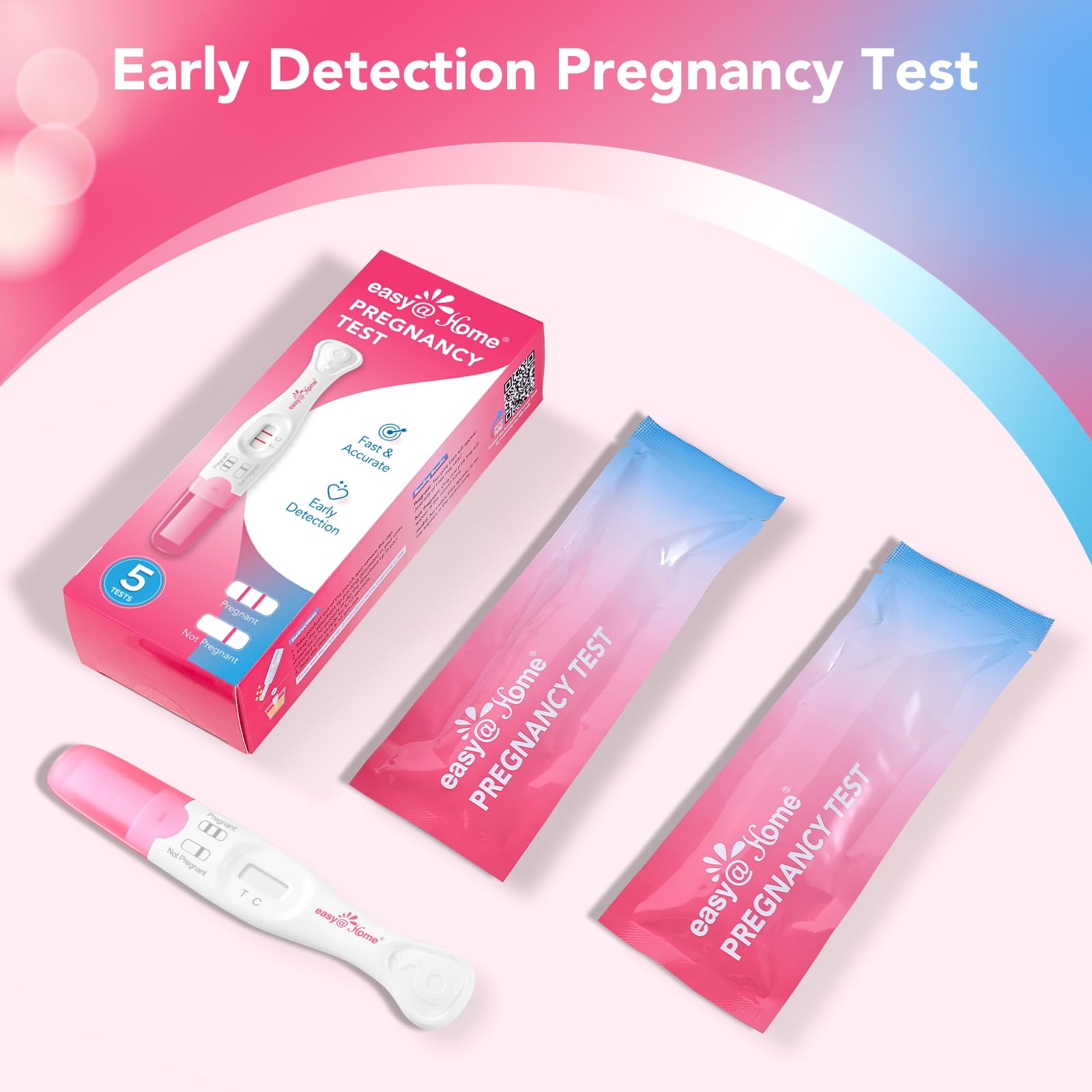 Easy@Home pregnancy test sticks laid out for display