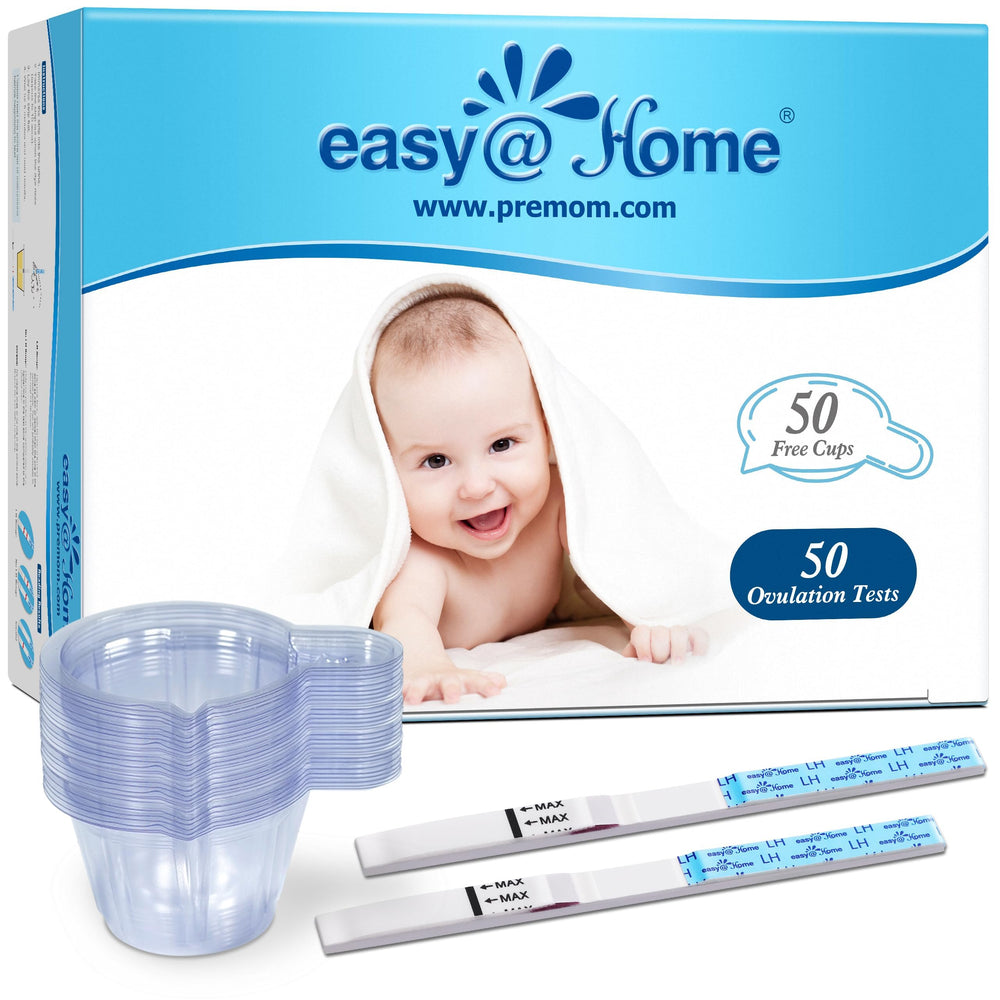 Easy@Home ovulation predictor kit with 50 LH strips and 50 urine cups - front view