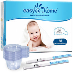 Easy@Home ovulation predictor kit with 50 LH strips and 50 urine cups - front view
