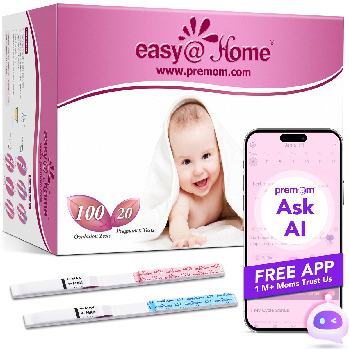 Easy@Home ovulation and pregnancy test strips combo kit box with 100 LH and 20 HCG