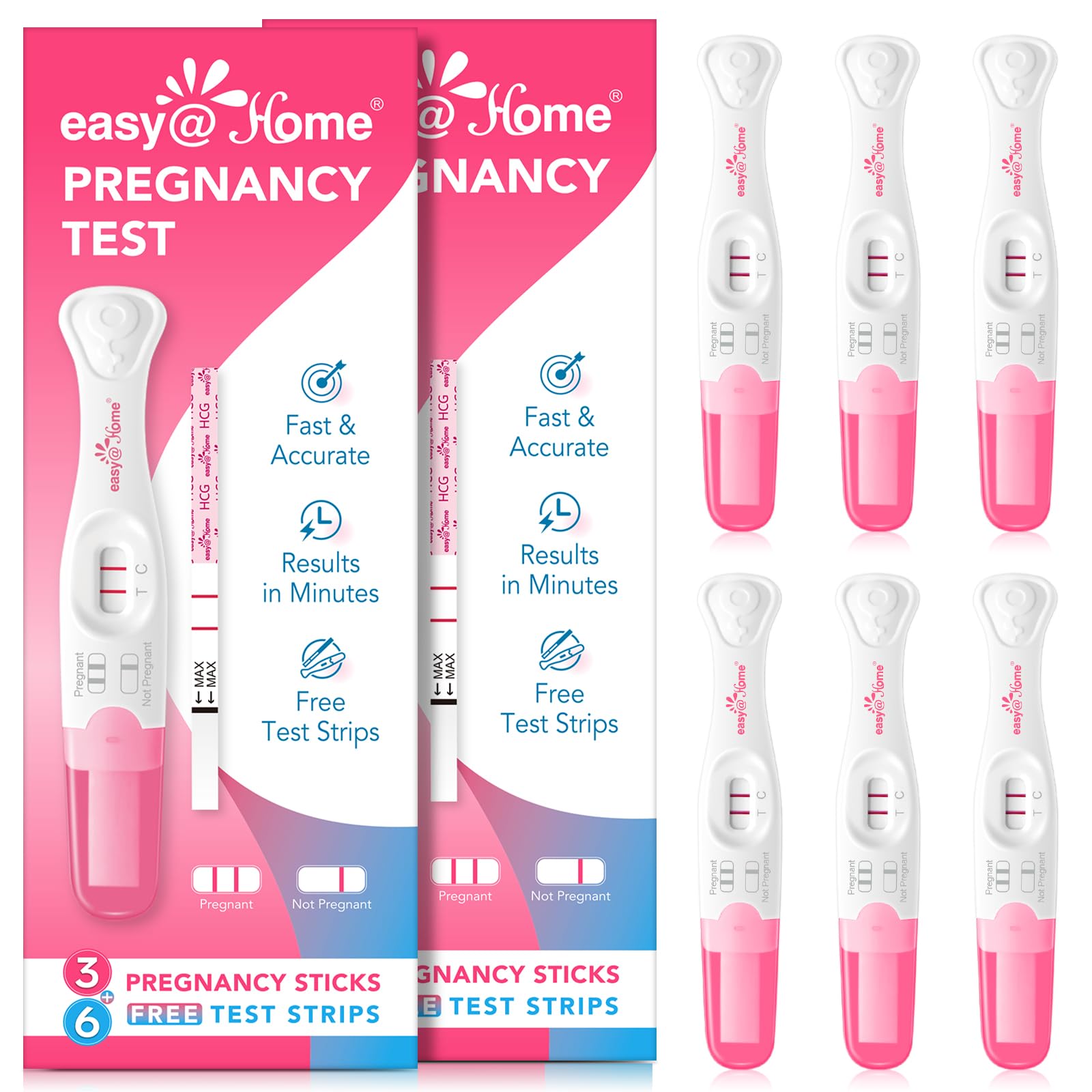 Easy@Home pregnancy test sticks with curved handles displayed
