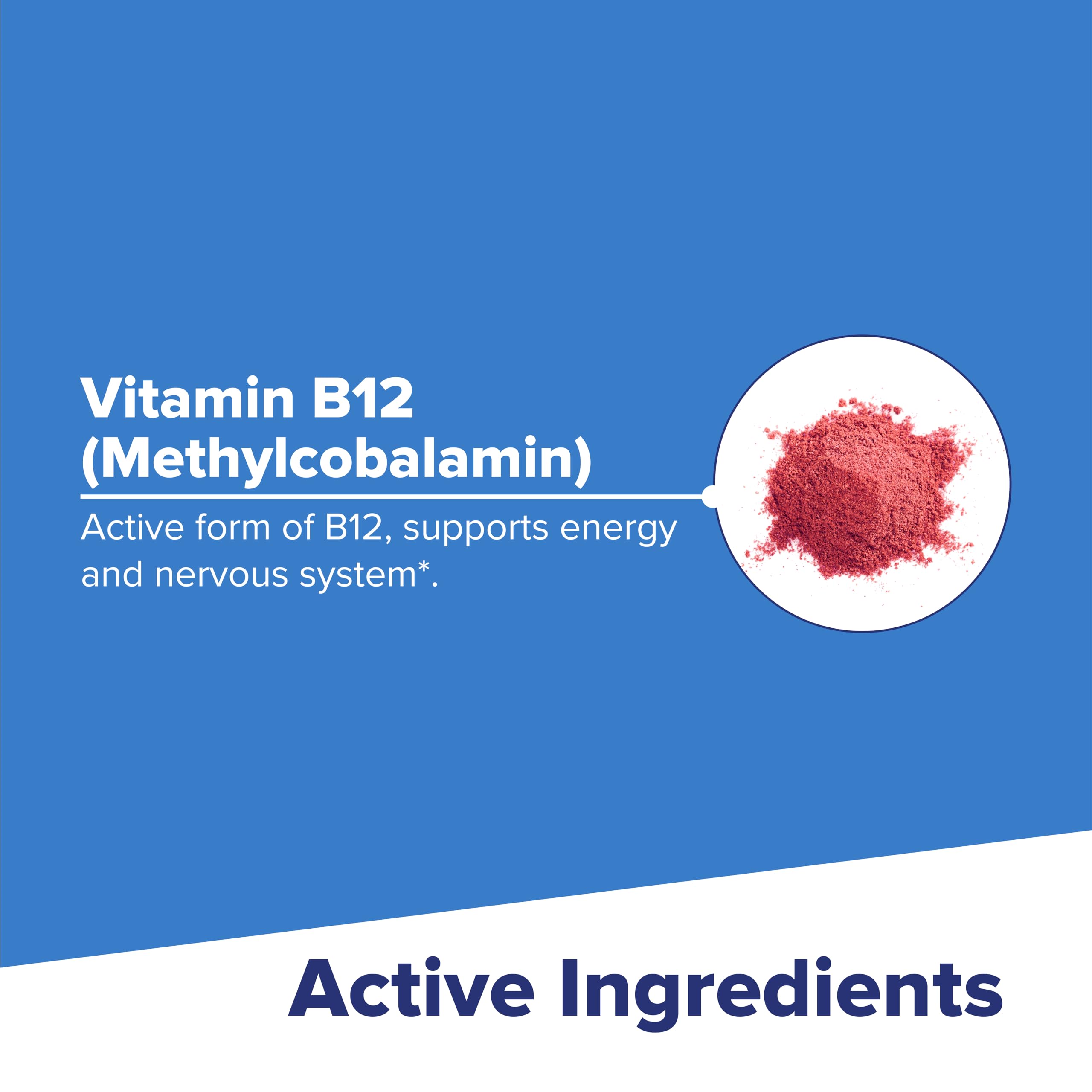 Easy-to-swallow, water-free vitamin B12 sublingual tablets.