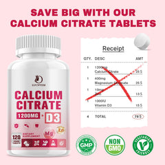 Small easy-to-swallow calcium citrate tablets shown beside glass of water