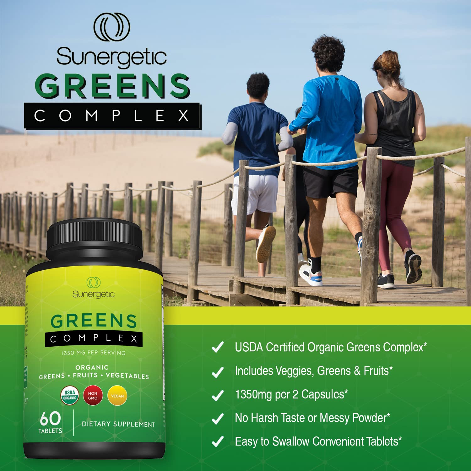 Easy-to-swallow greens tablets in bottle