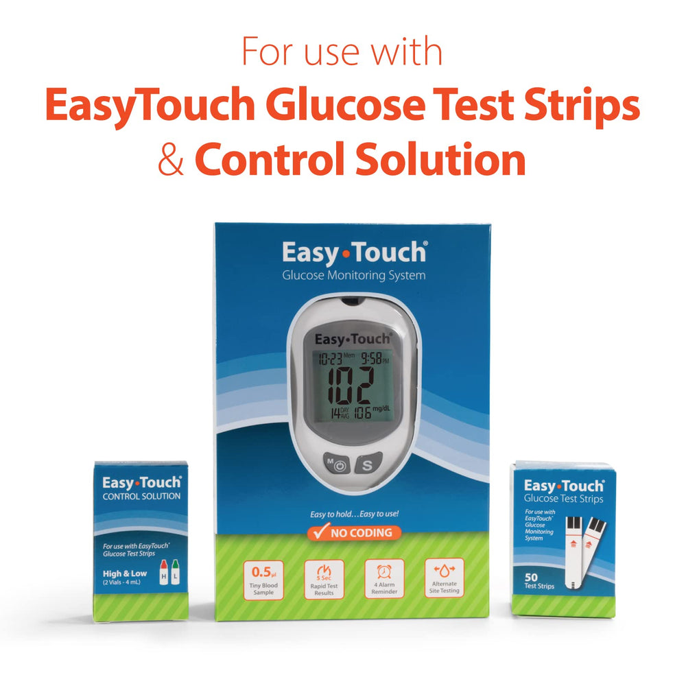 Easy Touch glucose test strips layout for quick sampling with fast 10-second results.