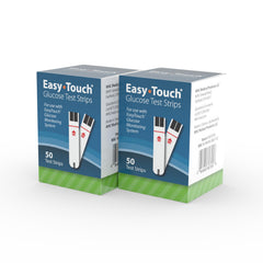 Easy Touch glucose test strips packaging close-up for convenient at-home monitoring.