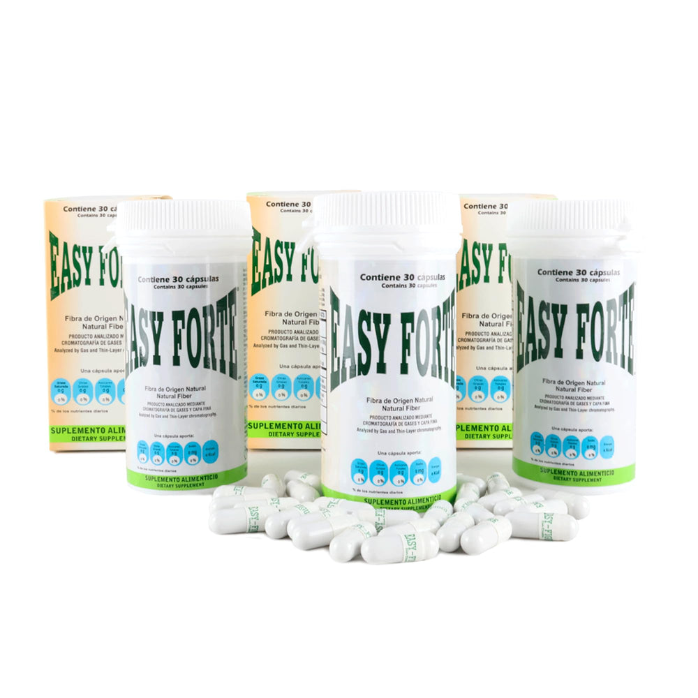 Easy Forte bottle pour showing fiber blend for daily digestive support.