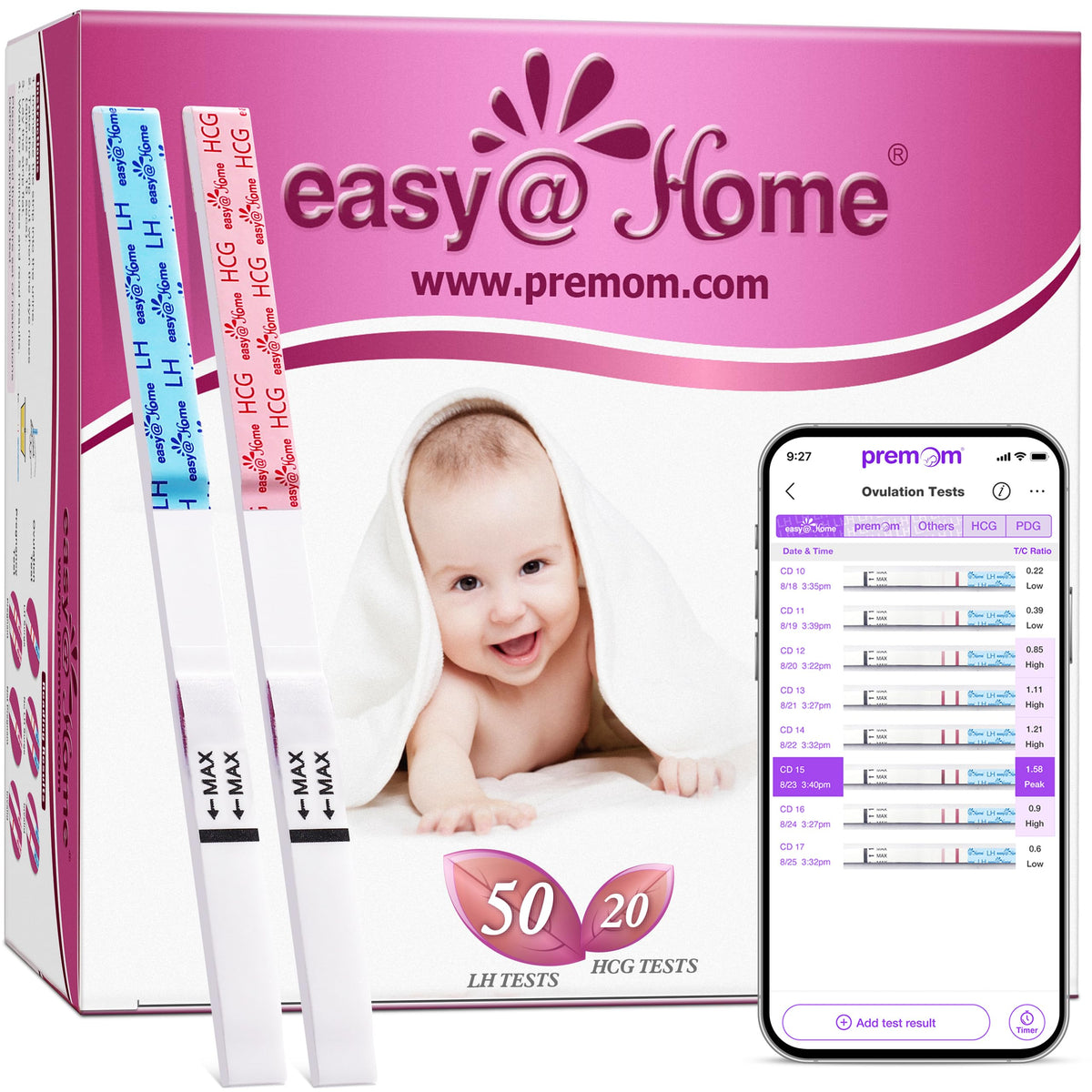 Front view of Easy@Home 50 LH ovulation test strips and 20 HCG pregnancy test strips kit