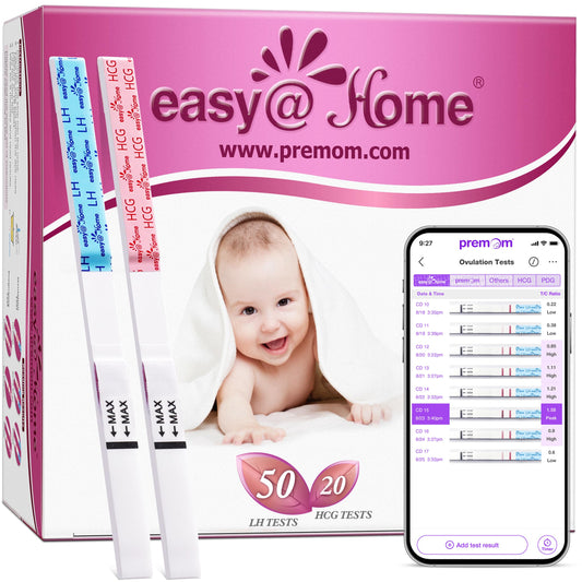 Front view of Easy@Home 50 LH ovulation test strips and 20 HCG pregnancy test strips kit