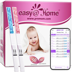 Front view of Easy@Home 50 LH ovulation test strips and 20 HCG pregnancy test strips kit