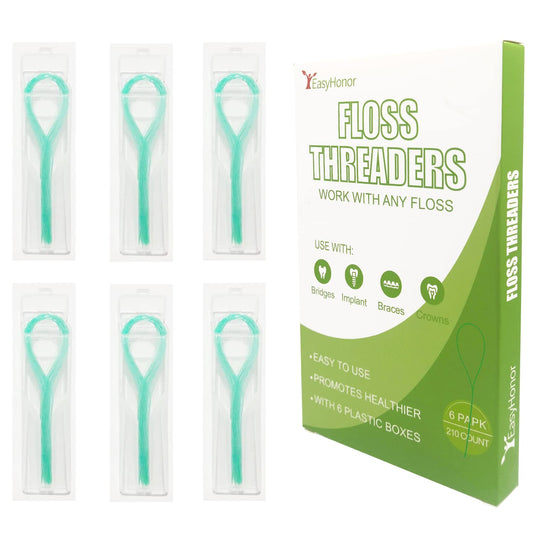 Box of EasyHonor green dental floss threaders 210-count 6-pack