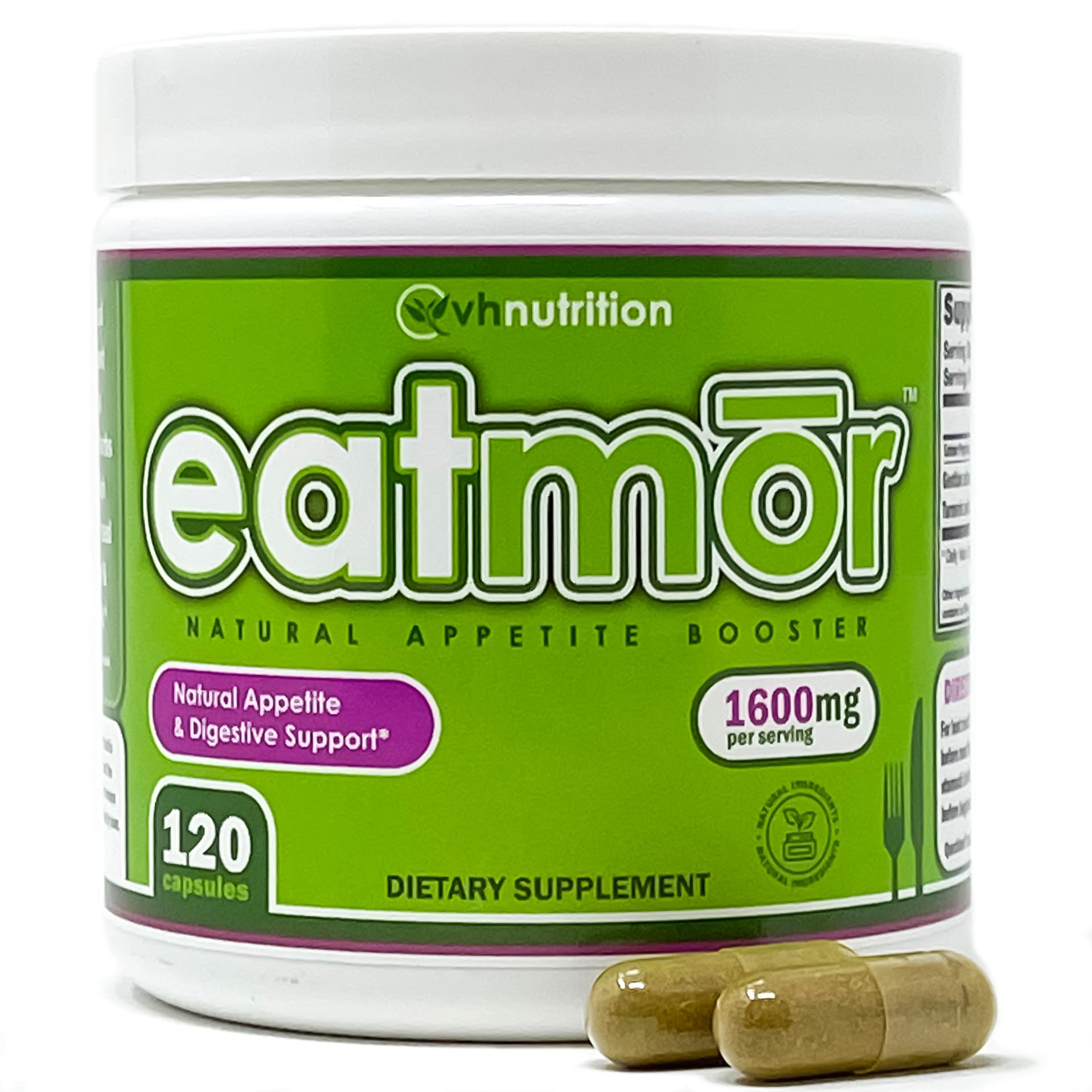 Eatmor bottle front with 120 capsules